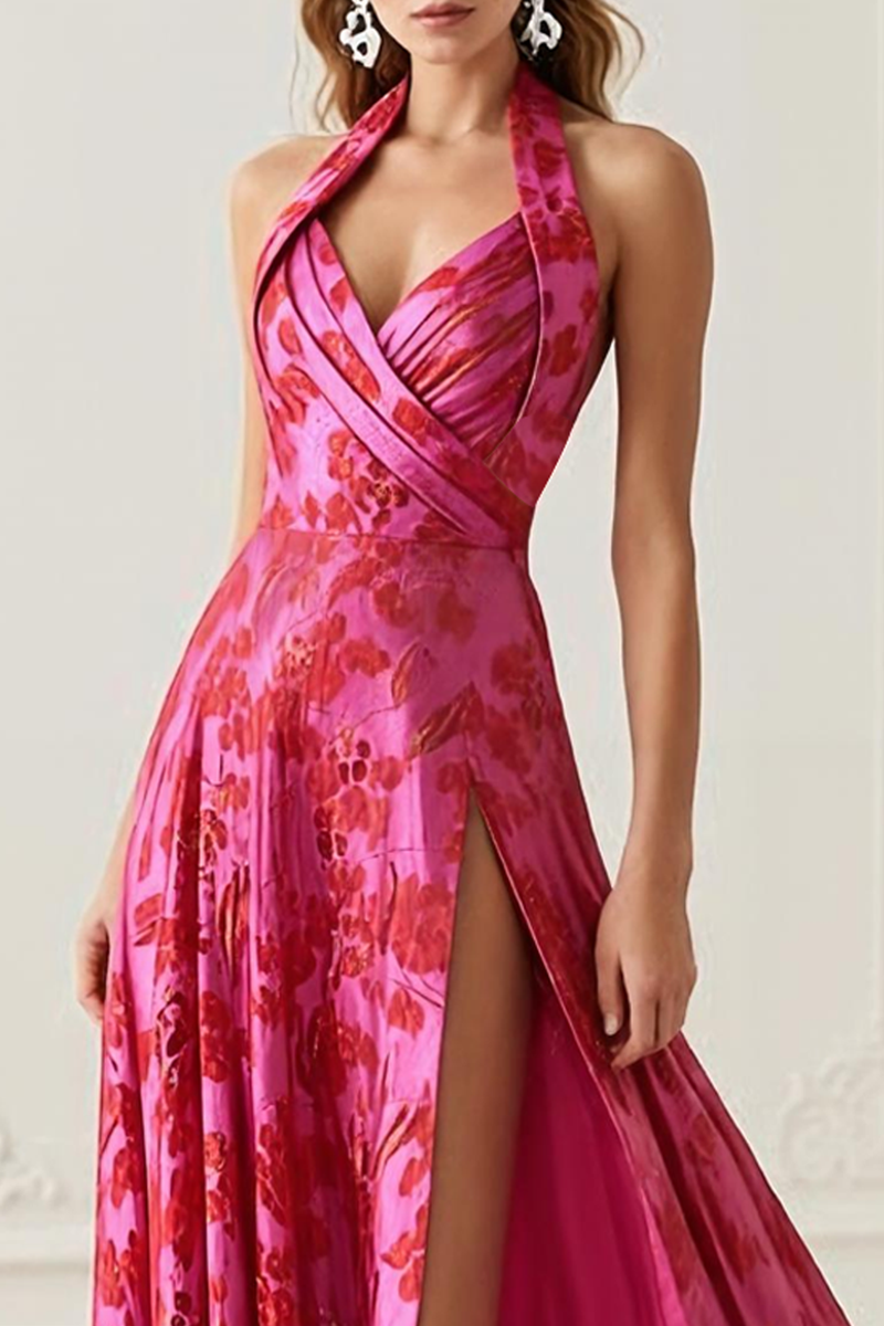 Load image into Gallery viewer, Fuchsia Haler Floral Long A Line Prom Dress with Slit
