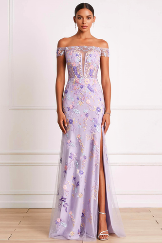 Lilac Floral Sheath Off the Shoulder Corset Long Prom Dress