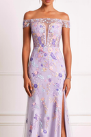 Load image into Gallery viewer, Lilac Floral Sheath Off the Shoulder Corset Long Prom Dress