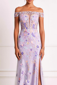 Lilac Floral Sheath Off the Shoulder Corset Long Prom Dress