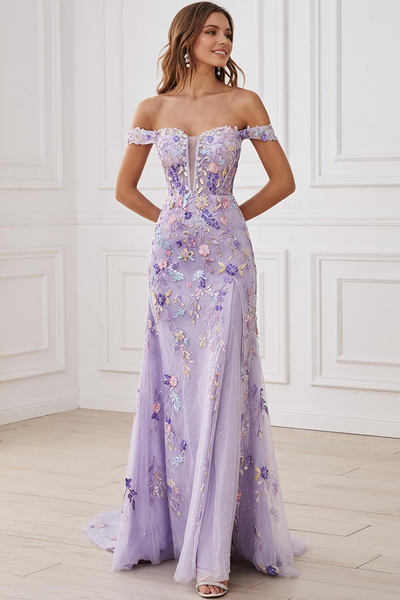 Lilac Off the Shoulder Floral Long Mermaid Prom Dress