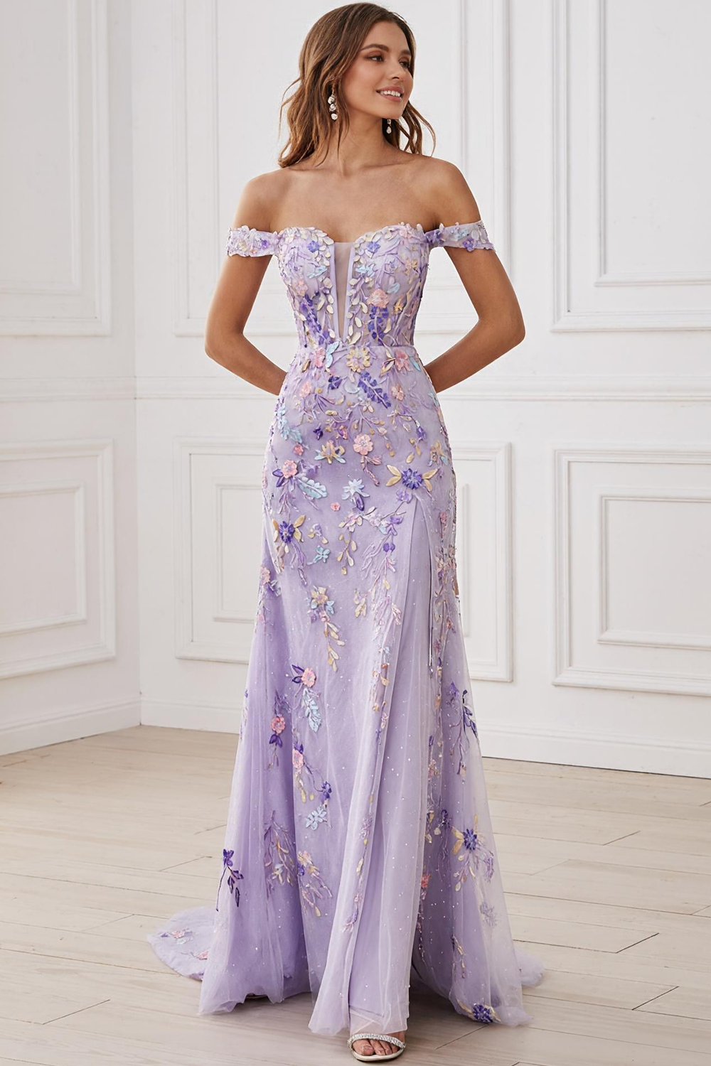 Lilac Off the Shoulder Floral Long Mermaid Prom Dress