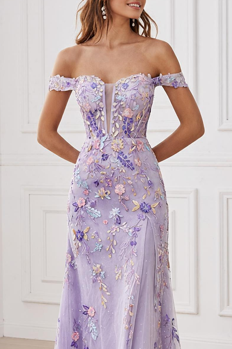 Load image into Gallery viewer, Lilac Off the Shoulder Floral Long Mermaid Prom Dress
