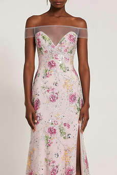 Sparkly Light Pink Floral Long Off the Shoulder Prom Dress