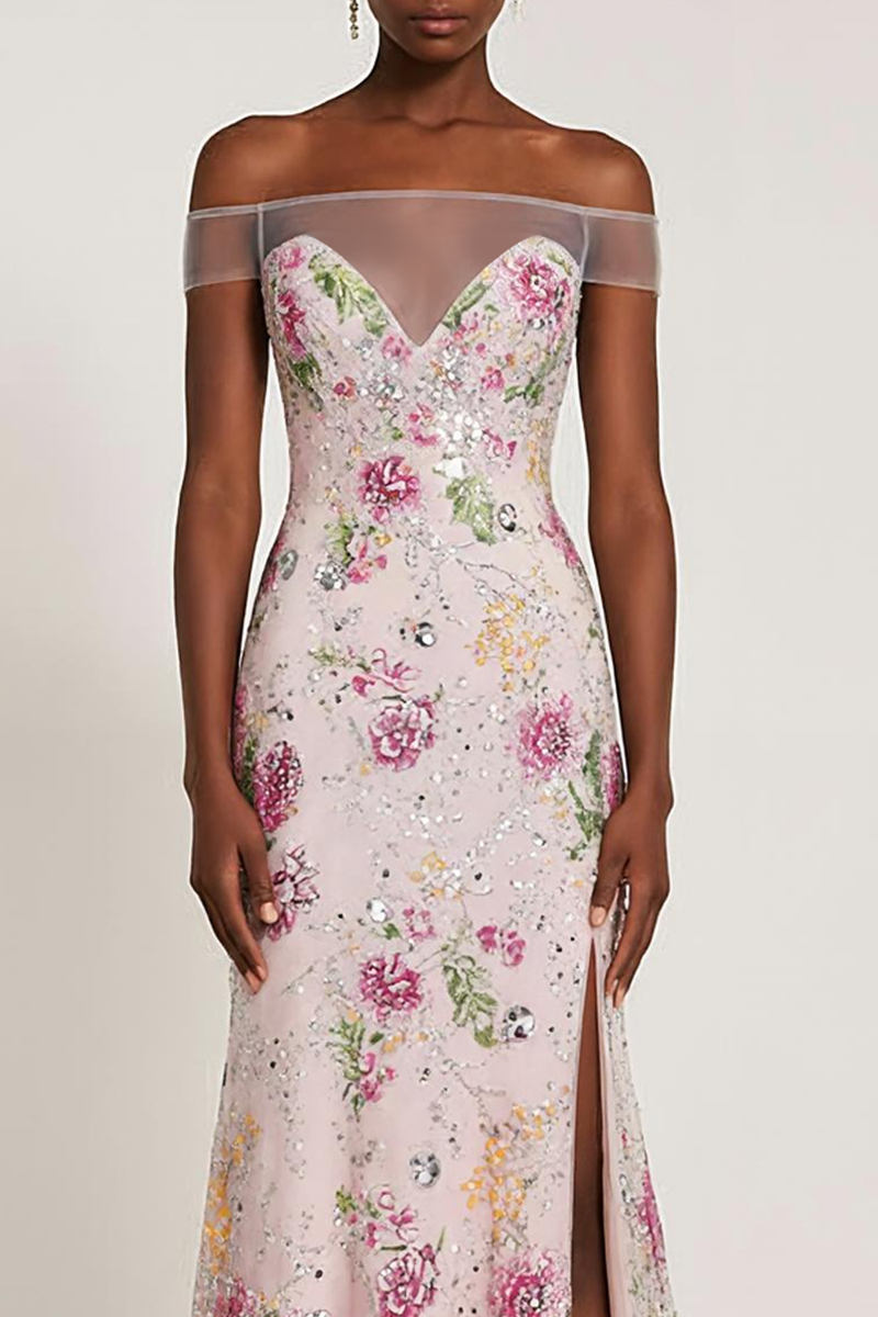 Load image into Gallery viewer, Sparkly Light Pink Floral Long Off the Shoulder Prom Dress