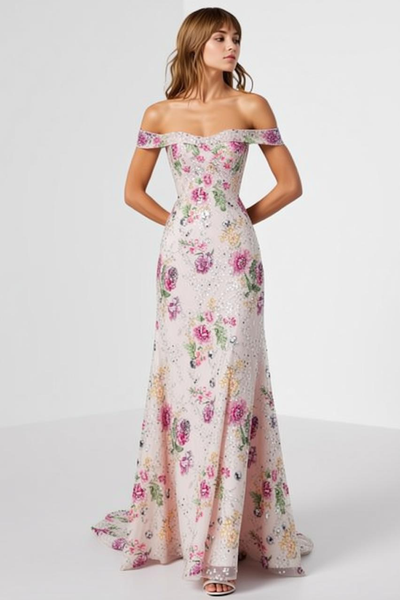 Sparkly Light PinkOff the Shoulder Long Floral Prom Dress