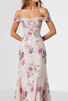 Sparkly Light PinkOff the Shoulder Long Floral Prom Dress