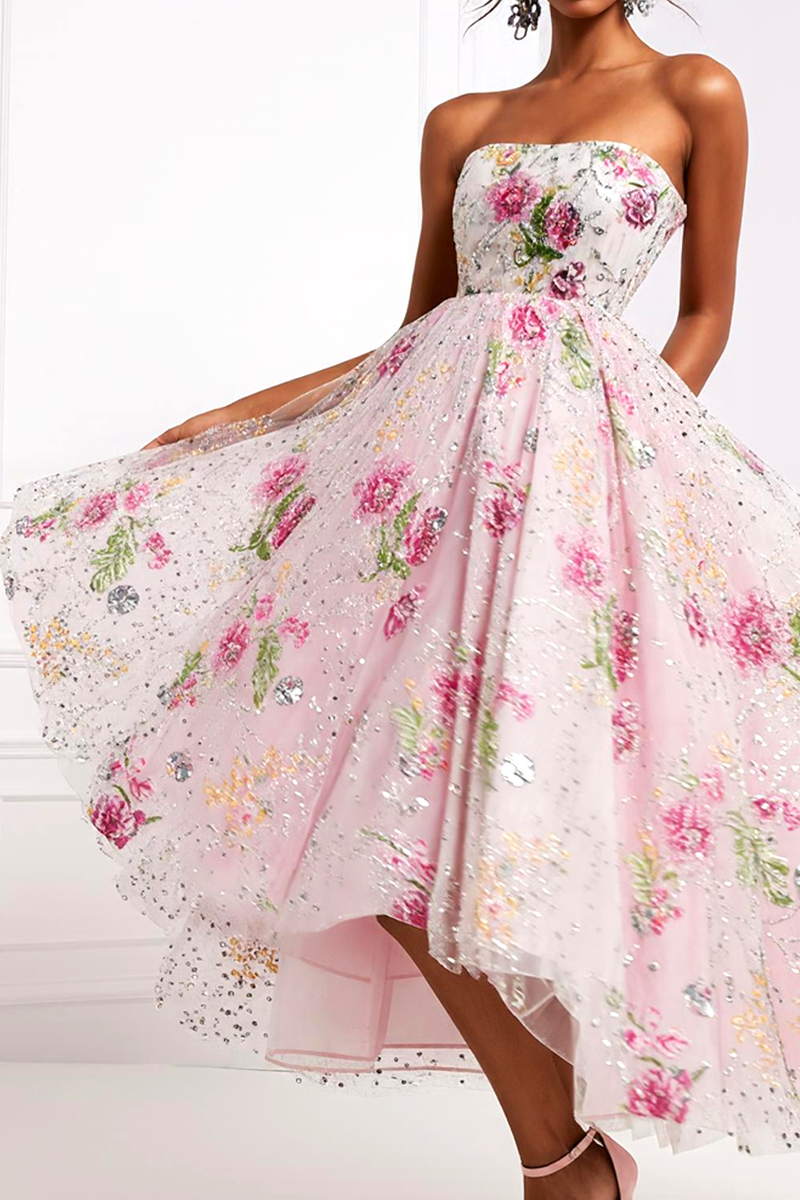 Load image into Gallery viewer, Sparkly Light Pink Beaded Strapless Floral A Line Long Prom Dress