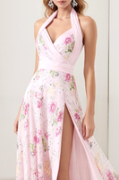Load image into Gallery viewer, Sparkly Light Pink Halter Floral A Line Long Prom Dress
