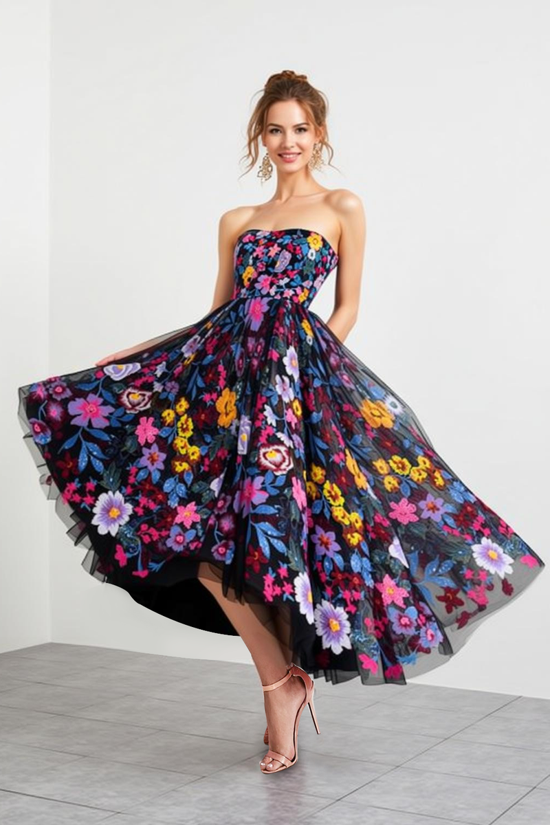 Load image into Gallery viewer, Floral Black Strapless A-Line Long Prom Dress