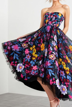 Floral Black Strapless A-Line Long Prom Dress