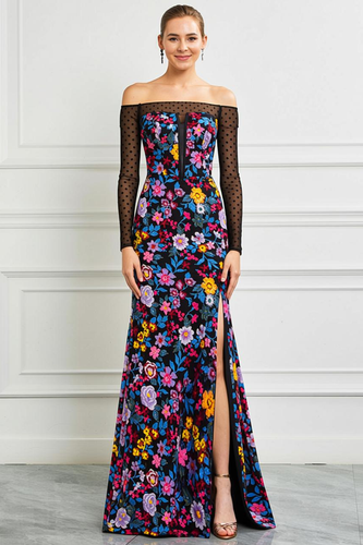 Black Off the Shoulder Floral Prom Dress with Sleeves