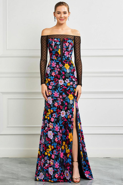 Black Off the Shoulder Floral Prom Dress with Sleeves