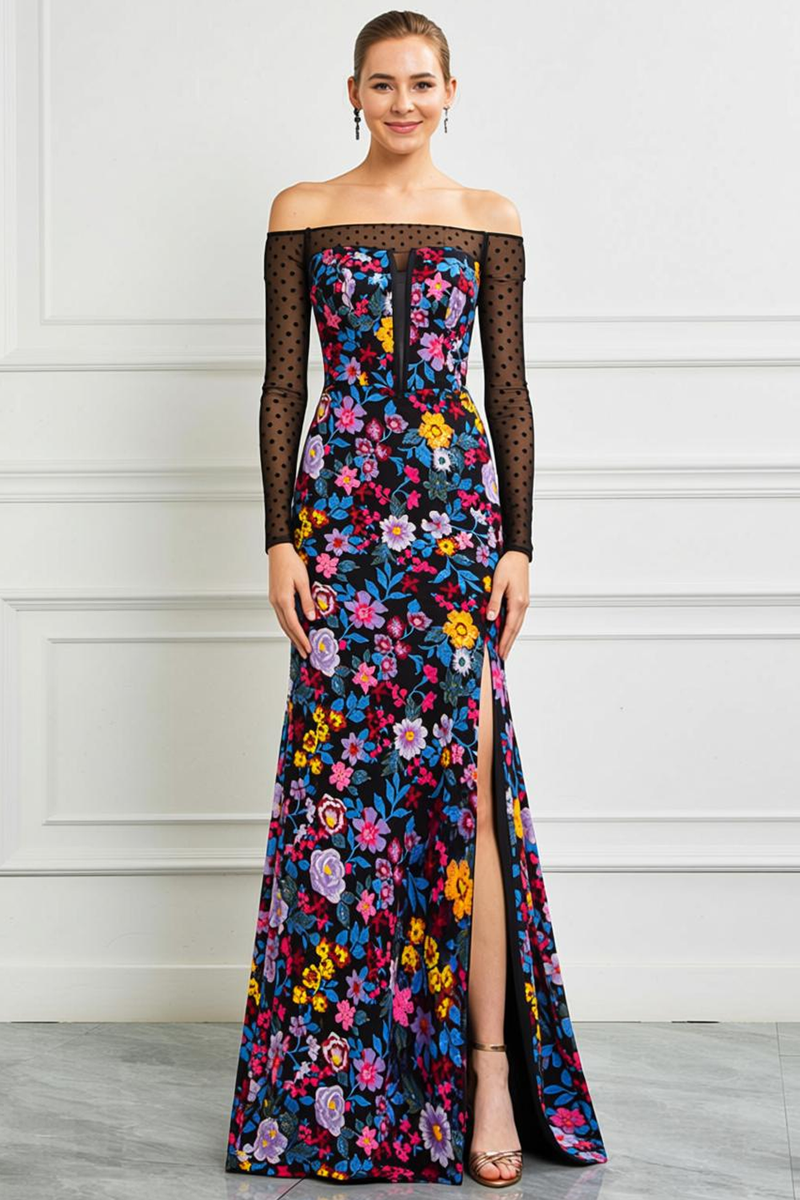 Load image into Gallery viewer, Black Off the Shoulder Floral Prom Dress with Sleeves