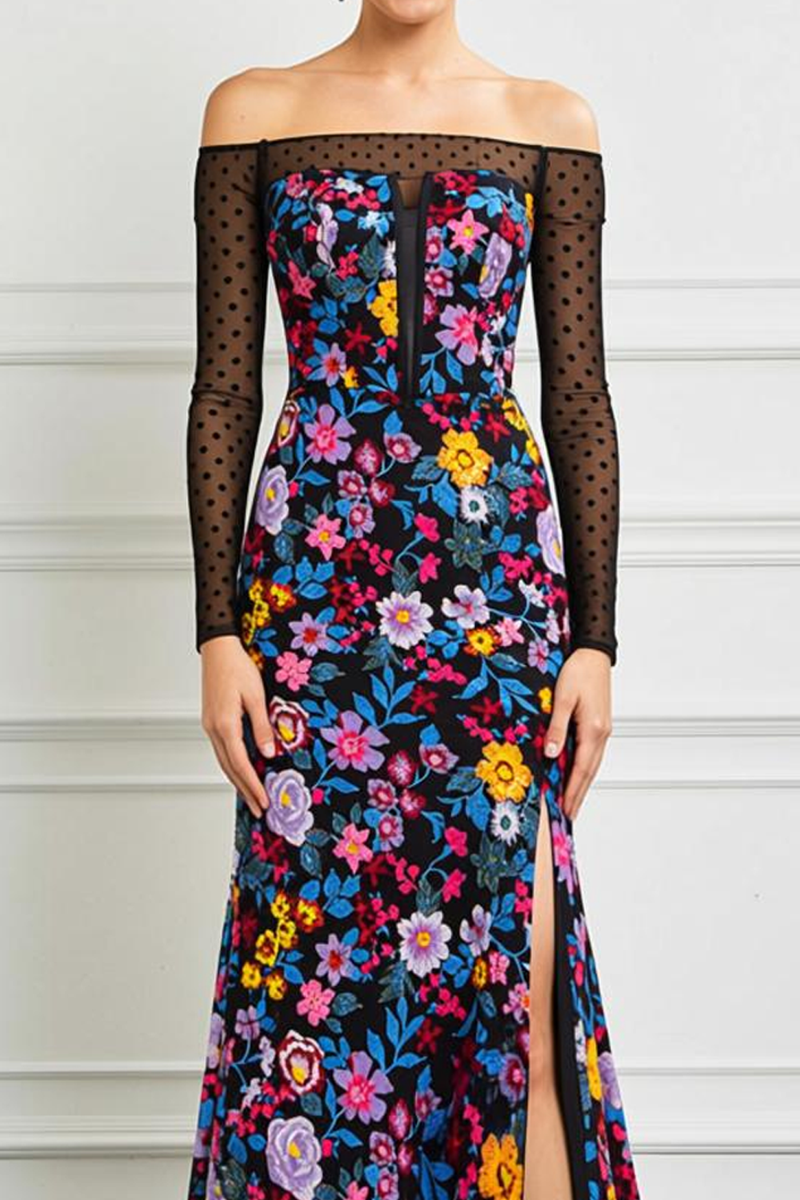 Load image into Gallery viewer, Black Off the Shoulder Floral Prom Dress with Sleeves