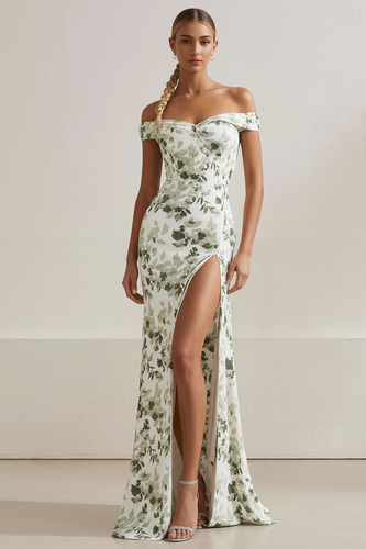White Off the Shoulder Mermaid Floral Long Prom Dress with Slit
