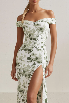 White Off the Shoulder Mermaid Floral Long Prom Dress with Slit