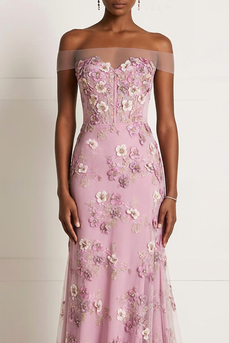 Pink Appliqued Floral Mermaid Off the Shoulder Long Prom Dress