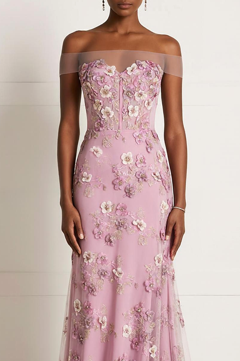 Load image into Gallery viewer, Pink Appliqued Floral Mermaid Off the Shoulder Long Prom Dress