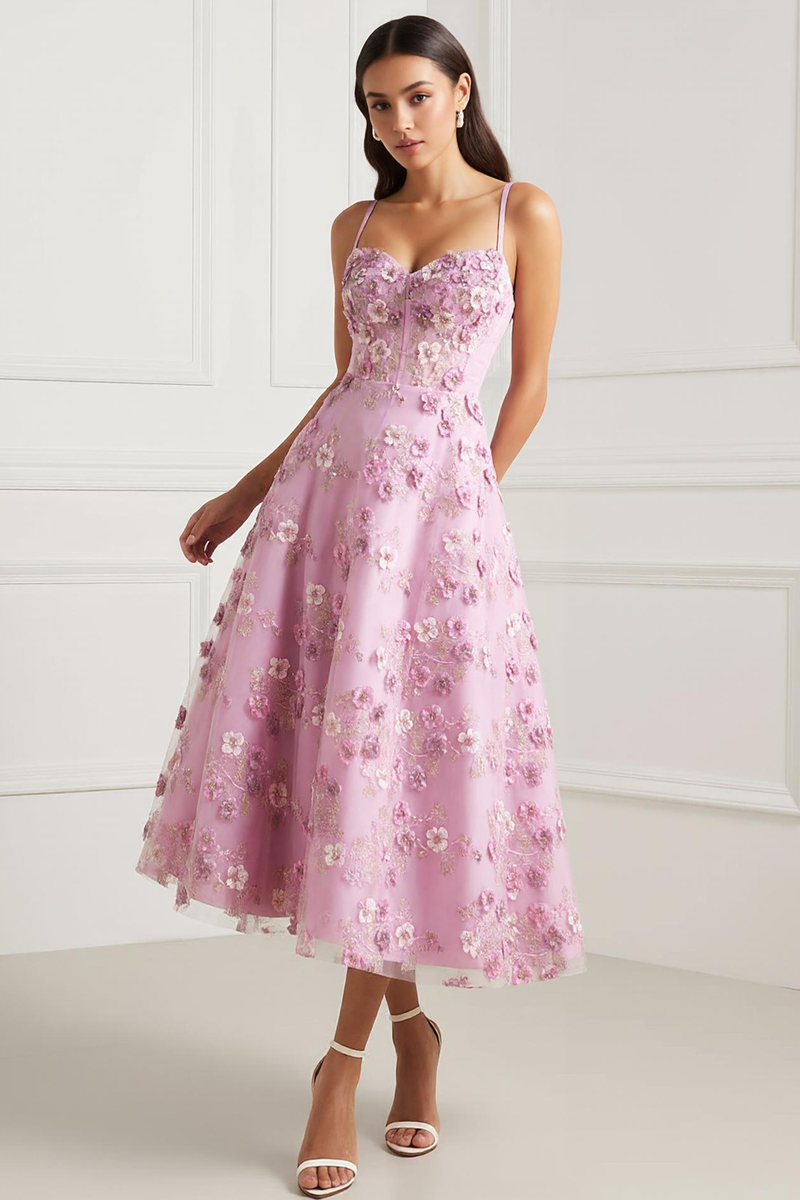 Load image into Gallery viewer, Pink Floral Appliqued Spaghetti Straps Midi Corset Prom Dress