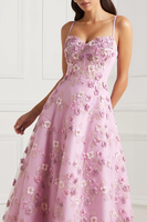Load image into Gallery viewer, Pink Floral Appliqued Spaghetti Straps Midi Corset Prom Dress