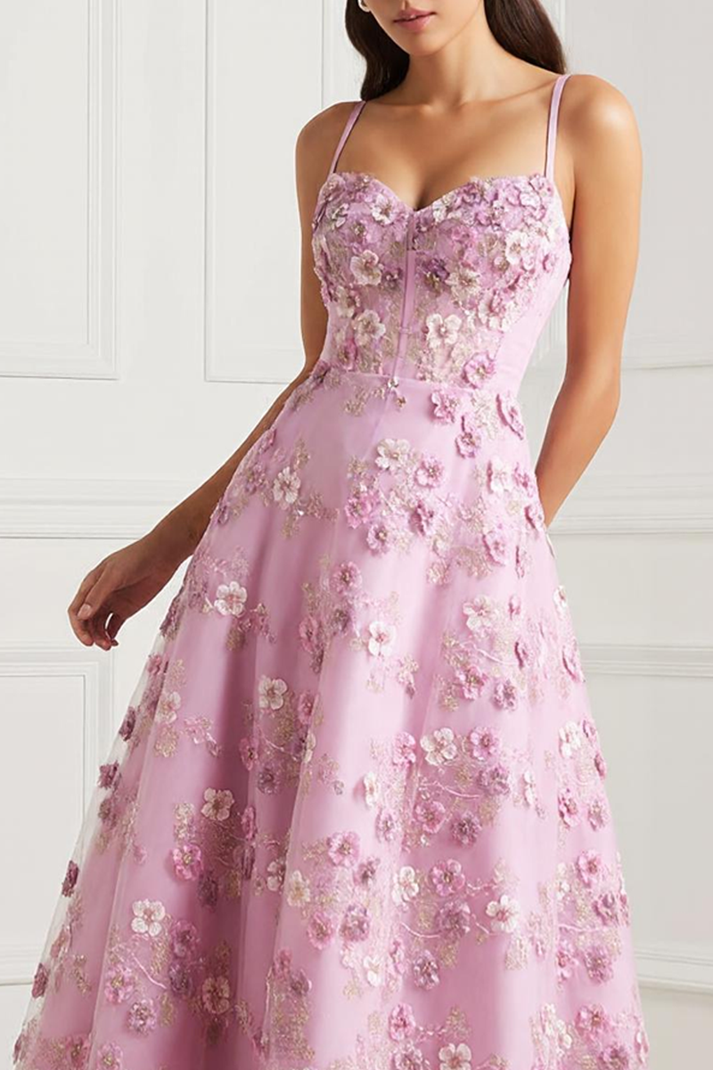 Load image into Gallery viewer, Pink Floral Appliqued Spaghetti Straps Midi Corset Prom Dress