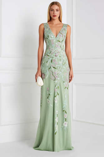 Light Green V Neck Floral Sheath Appliqued Long Prom Dress
