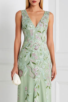 Light Green V Neck Floral Sheath Appliqued Long Prom Dress
