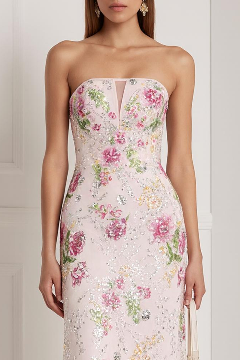 Load image into Gallery viewer, Sparkly Pink Beaded Floral Mermaid Strapless Long Prom Dress with Keyhole