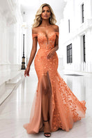 Load image into Gallery viewer, Orange Mermaid Floral Long Corset Prom Dress with Slit