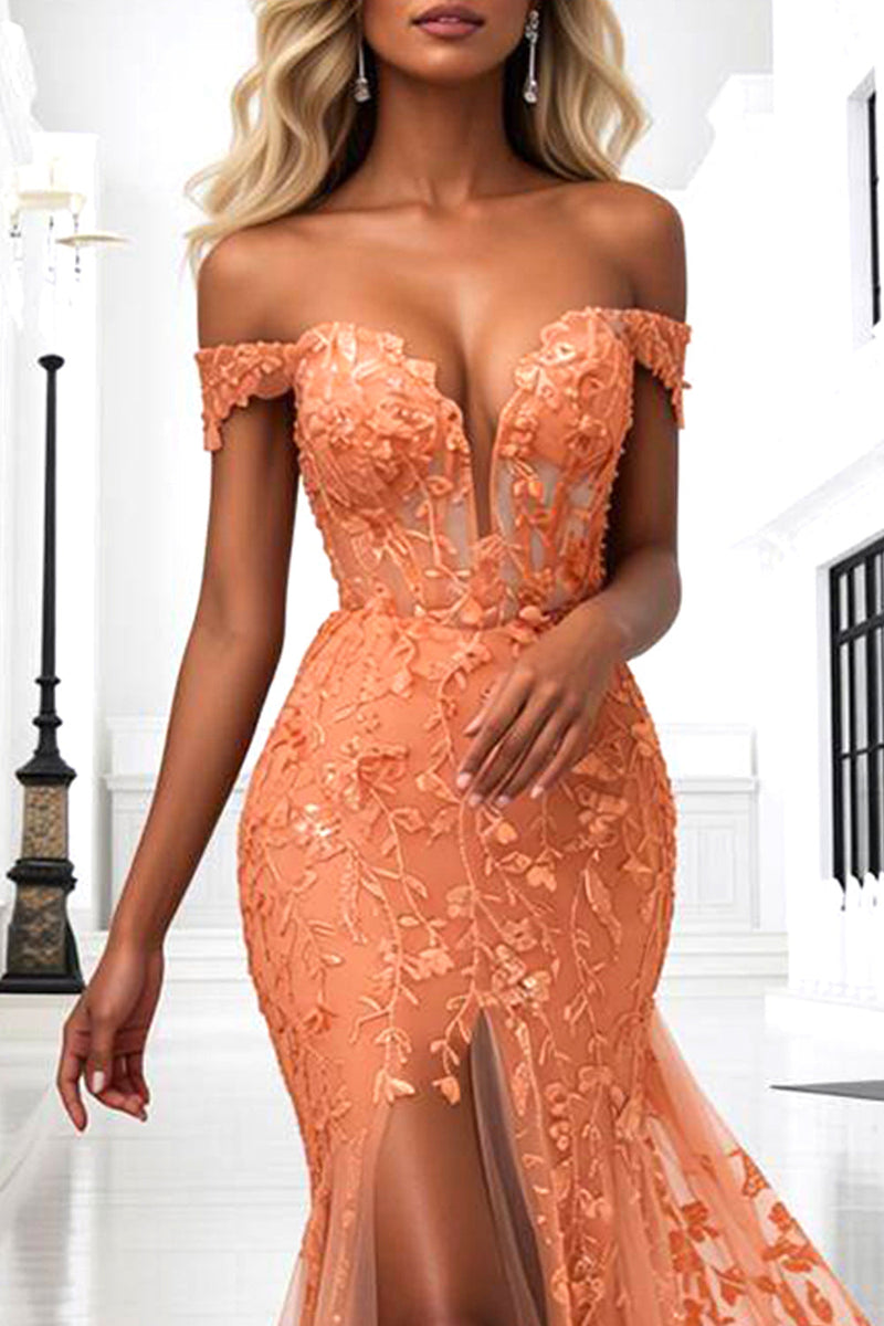 Load image into Gallery viewer, Orange Mermaid Floral Long Corset Prom Dress with Slit
