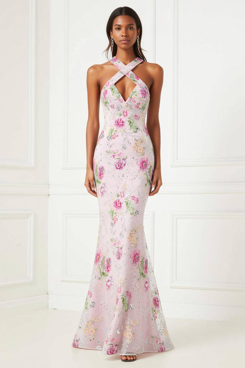 Sparkly Floral Pink Long Mermaid Prom Dress with Keyhole