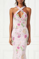 Load image into Gallery viewer, Sparkly Floral Pink Long Mermaid Prom Dress with Keyhole