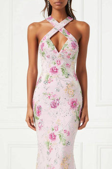 Sparkly Floral Pink Long Mermaid Prom Dress with Keyhole