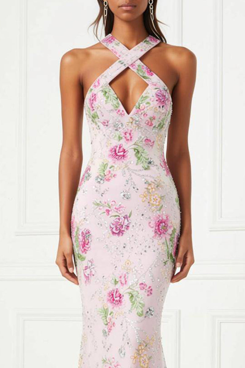 Load image into Gallery viewer, Sparkly Floral Pink Long Mermaid Prom Dress with Keyhole