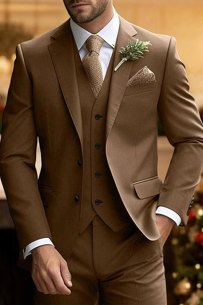 3 Piece Brown Notched Lapel Long Sleeves Men's Suits