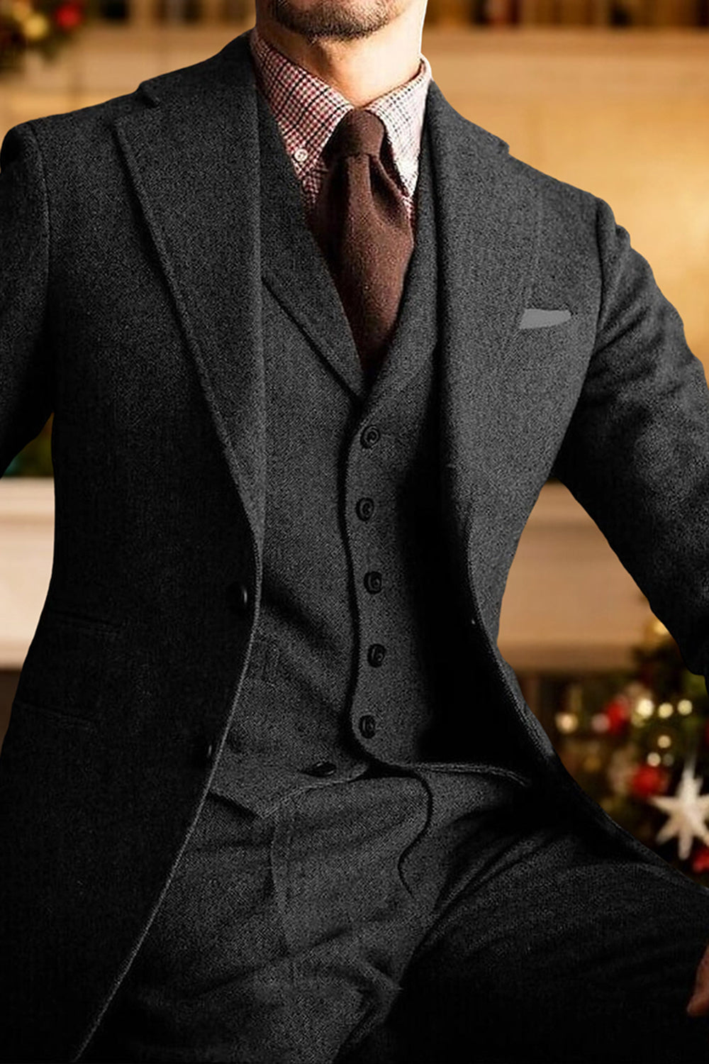 3 Piece Dark Grey Single Breasted Men's Prom Suits with Sleeves