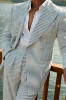 Load image into Gallery viewer, 2 Piece Green Stripe Peak Lapel Long Sleeves Men Prom Suits with Pockets