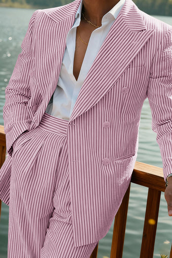 2 Piece Green Stripe Peak Lapel Long Sleeves Men's Prom Suits with Pockets