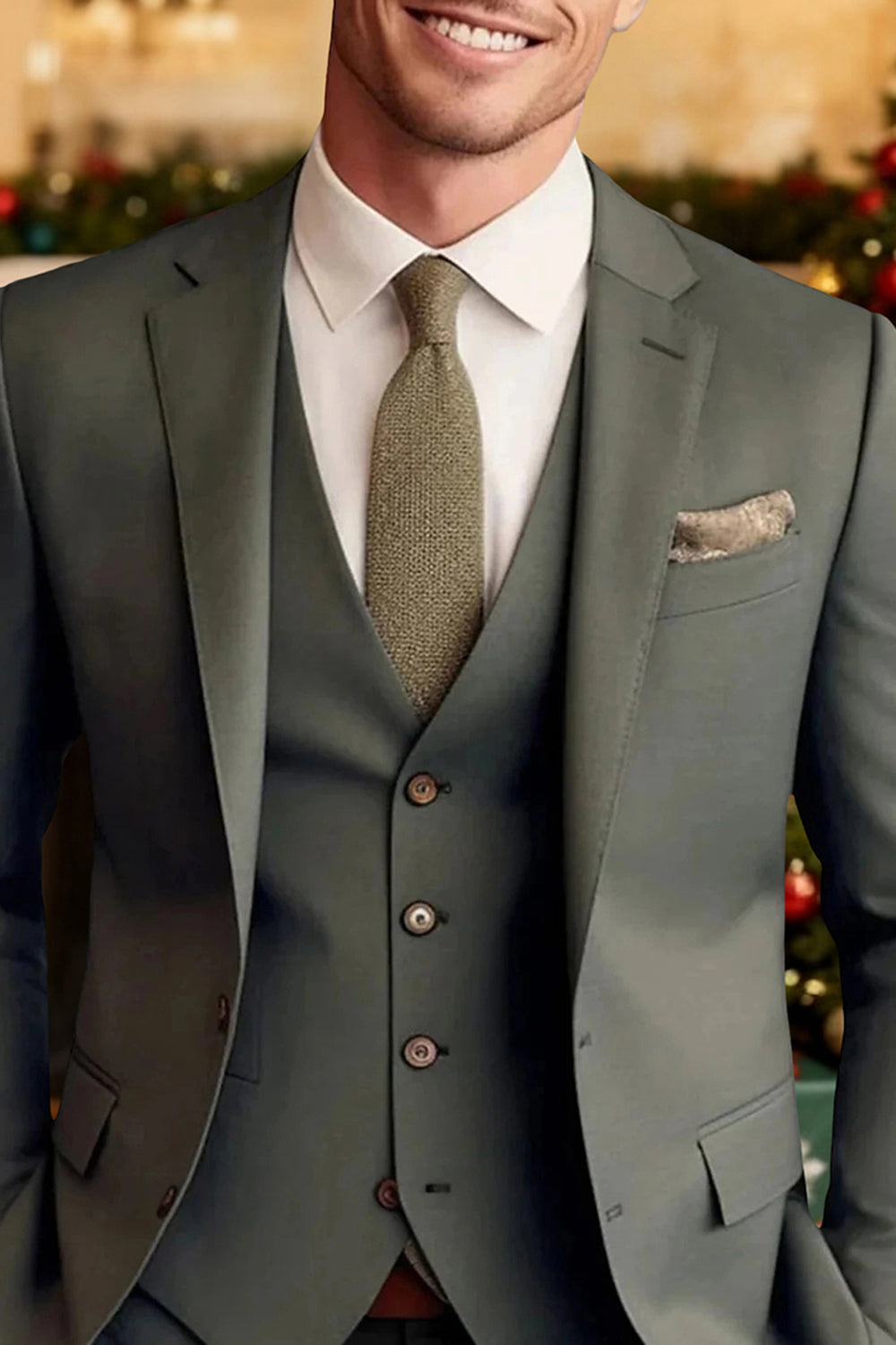 3 Piece Dark Green Single Breasted Long Sleeves Men's Prom Suits with Pockets