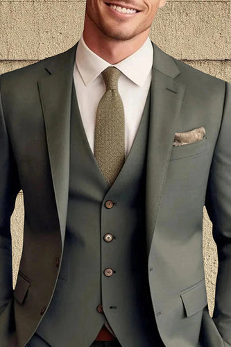 3 Piece Dark Green Single Breasted Long Sleeves Men's Prom Suits with Pockets