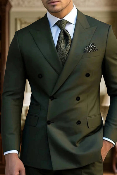 Dark Green 2 Piece Peak Lapel Double Breasted Men's Prom Suits with Sleeves