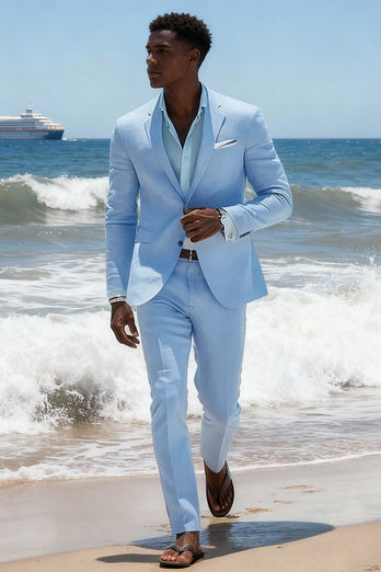 Sky Blue 2 Piece Single Breasted Notched Lapel Men Prom Suits with Sleeves