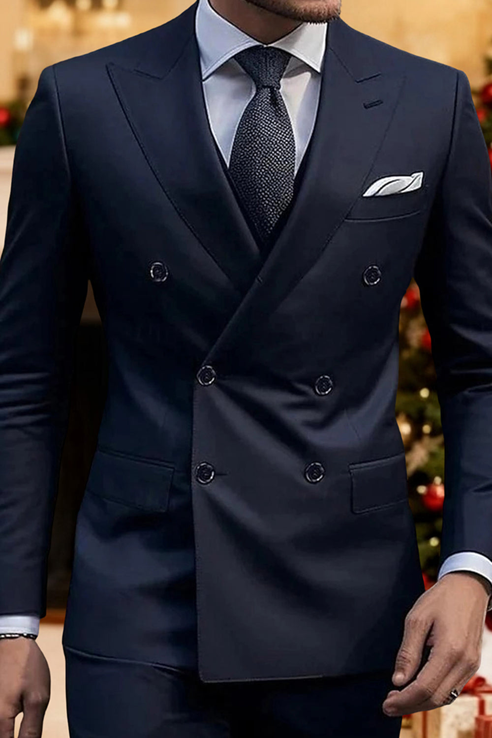Dark Blue 2 Piece Peak Lapel Double Breasted Men Prom Suits