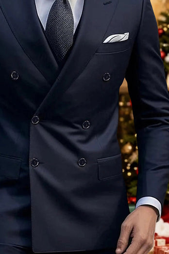 Dark Blue 2 Piece Peak Lapel Double Breasted Men Prom Suits