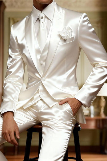 White 3 Piece Single Breasted Peak Lapel Men Prom Suits