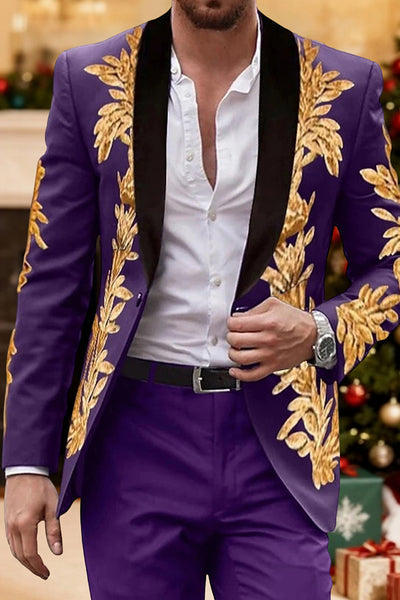 Purple 2 Piece Jacquard Single Breasted Shawl Lapel Men Prom Suits