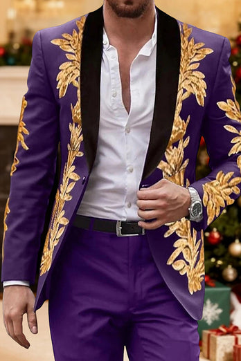 Purple 2 Piece Jacquard Single Breasted Shawl Lapel Men Prom Suits
