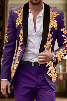 Purple 2 Piece Jacquard Single Breasted Shawl Lapel Men Prom Suits
