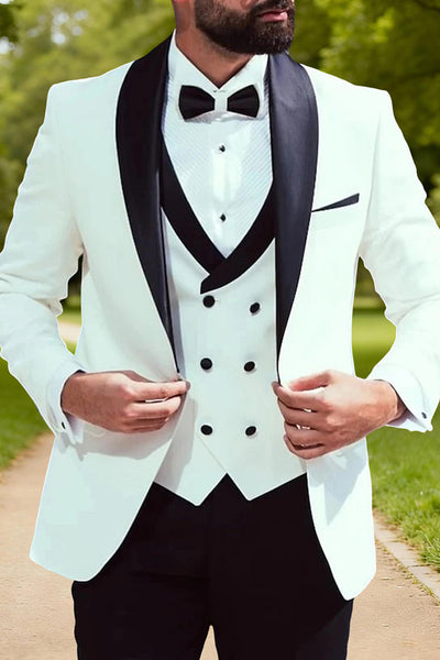 White 3 Piece Shawl Lapel Single Breasted Men Prom Suits with Sleeves